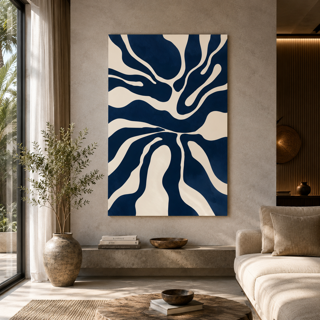 Indigo Flow Abstract Wall Art – Modern Blue & White Canvas Painting