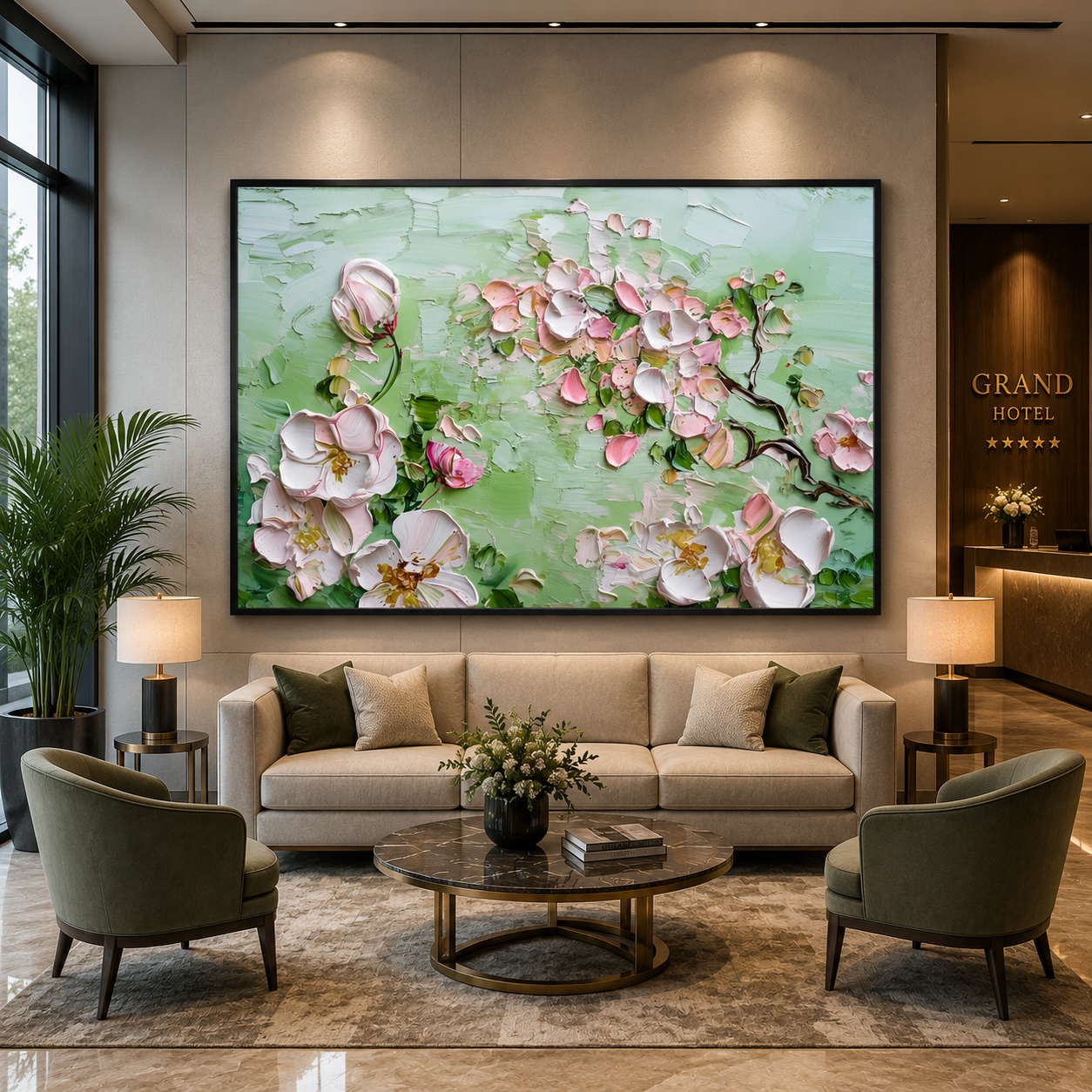 Blush Magnolia Bloom Canvas Wall Art on Sage Green Background