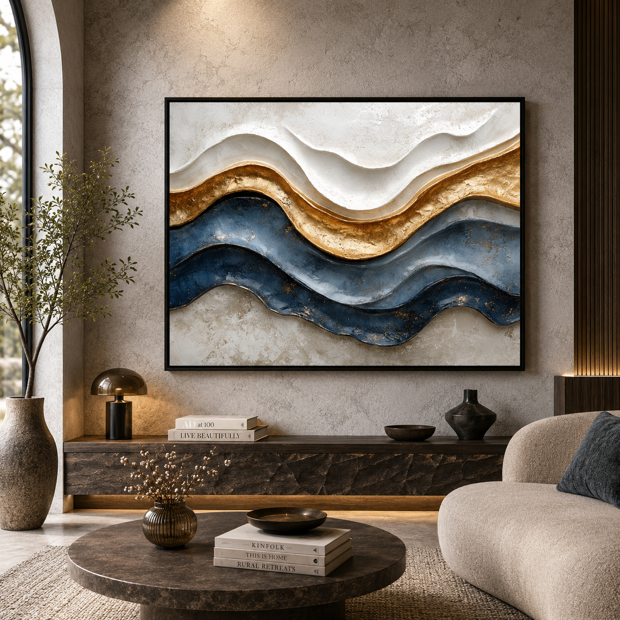 Golden Flow Abstract Wall Art – Luxury Blue & Gold Modern Canvas Painting
