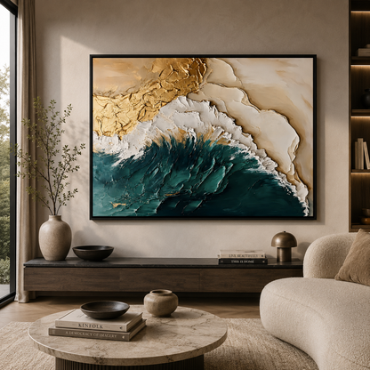 Ocean Crest Abstract Wall Art – Luxury Teal & Gold Modern Canvas Painting