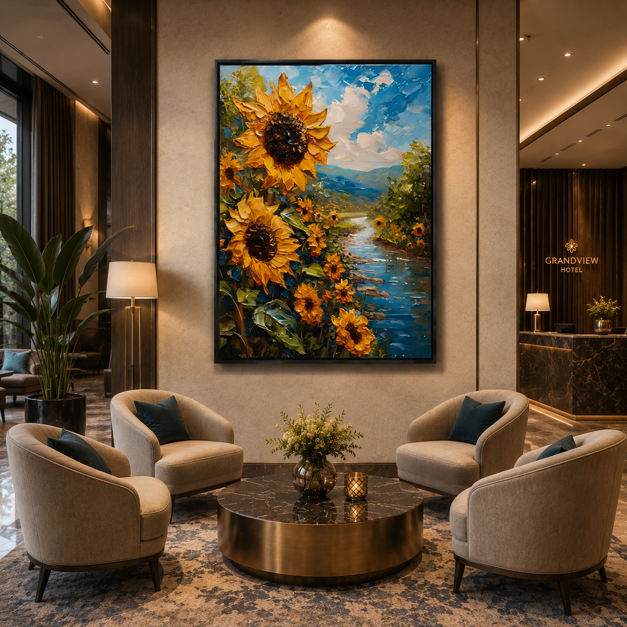Sunflower River Landscape Canvas Wall Art for Modern Office Décor