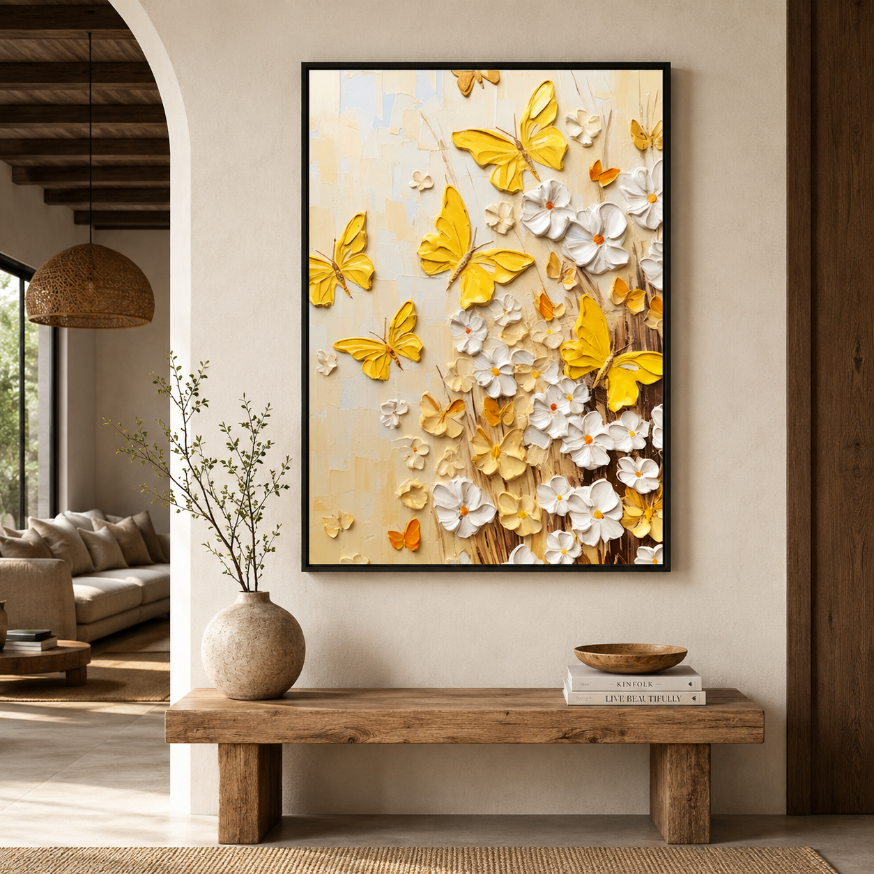 Golden Butterfly & White Floral Canvas Wall Art for Elegant Décor
