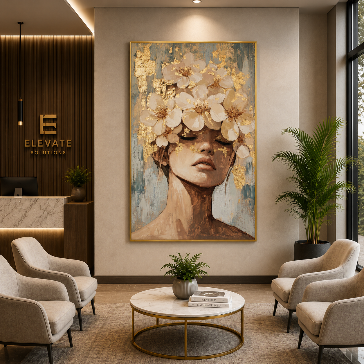 Elegant Floral Portrait Canvas Wall Art with Gold Accents Décor