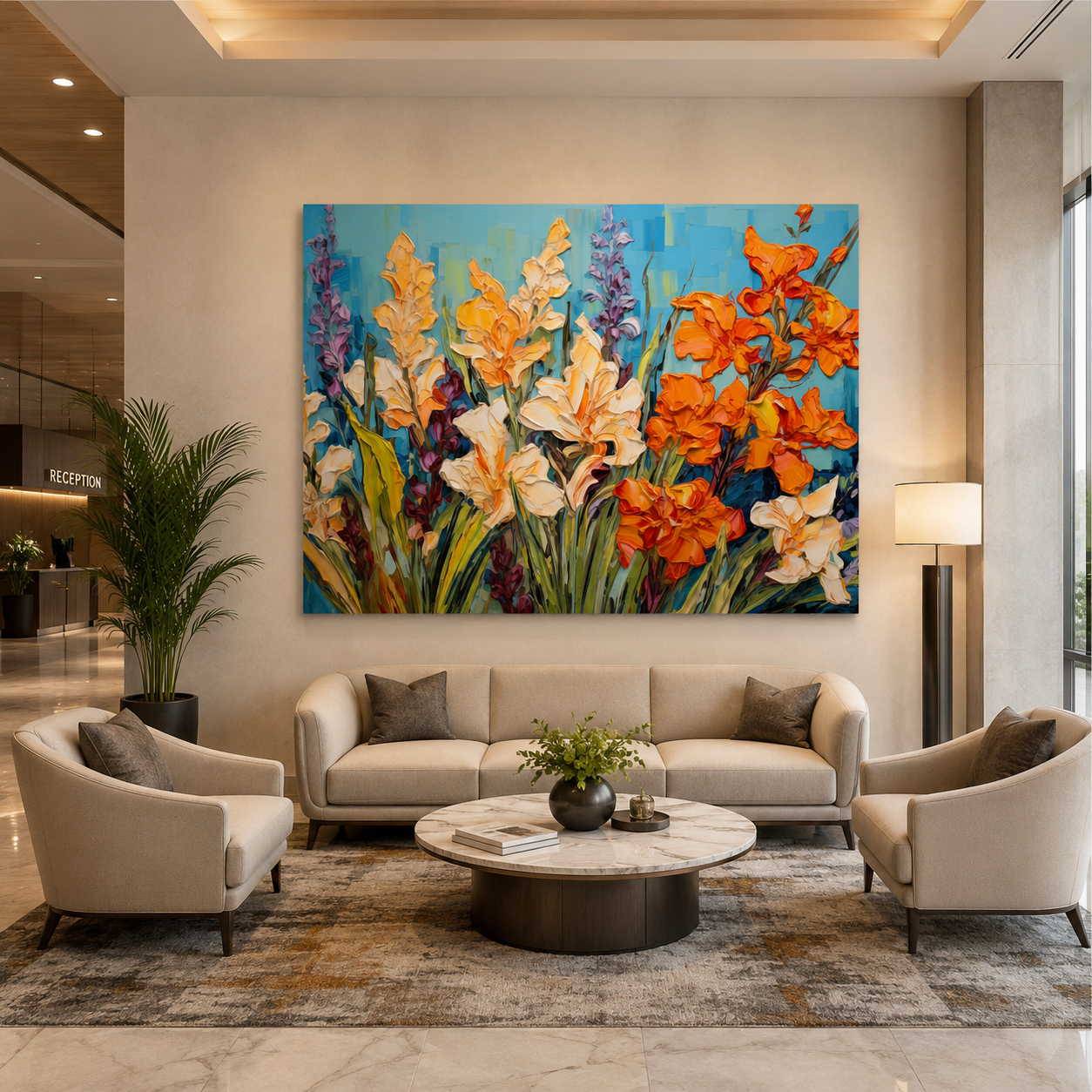 Vibrant Floral Garden Canvas Wall Art in Gold Framed Elegance