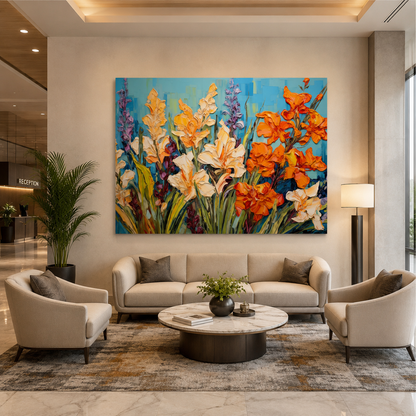 Vibrant Floral Garden Canvas Wall Art in Gold Framed Elegance