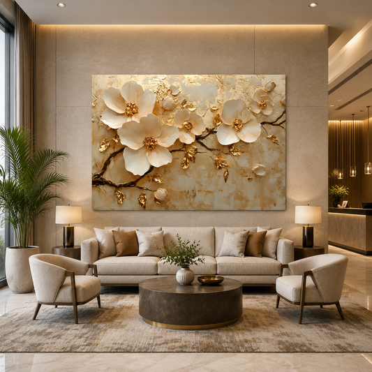 Elegant White Magnolia Floral Canvas Wall Art with Gold Accents