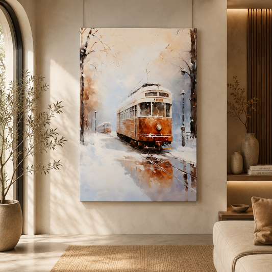 Vintage Winter Tram Canvas Wall Art