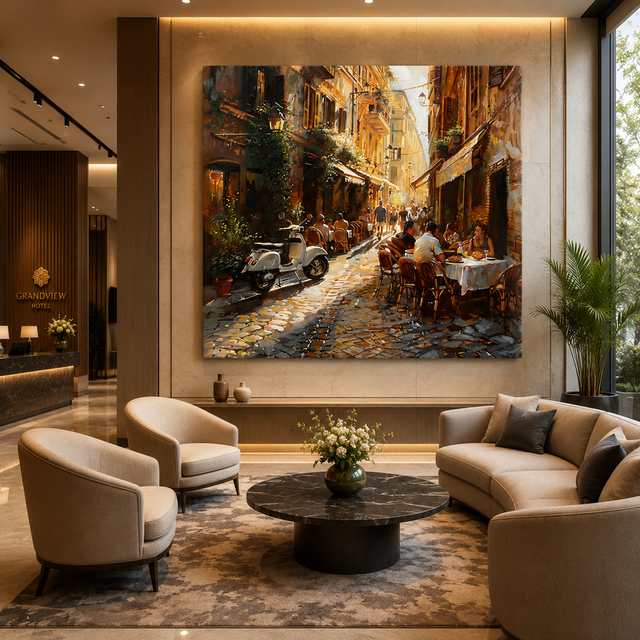 European Café Street Canvas Wall Art with Golden Frame