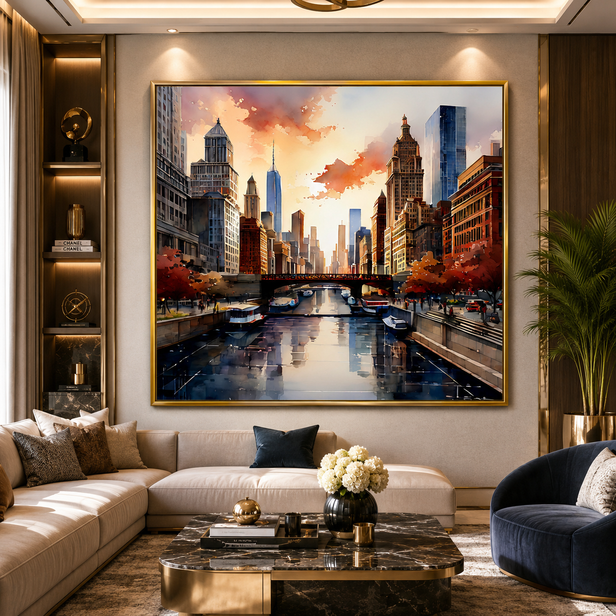 Modern City Skyline Canal Canvas Wall Art Painting