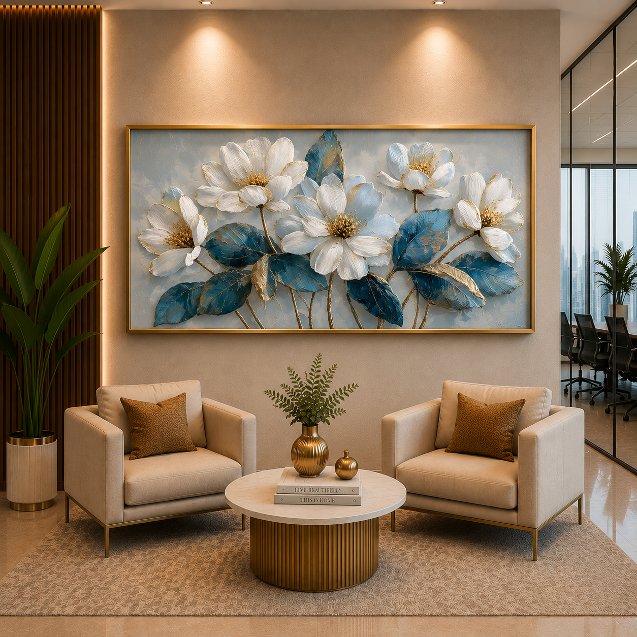 Luxury White Floral Wall Art Canvas with Blue & Gold Accents
