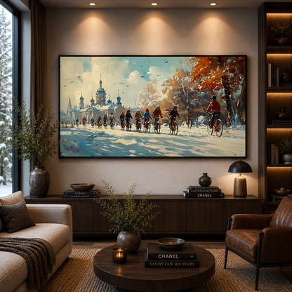 Winter Cycling Cityscape Canvas Wall Art for Modern Décor