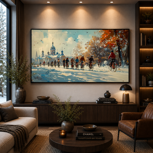 Winter Cycling Cityscape Canvas Wall Art for Modern Décor