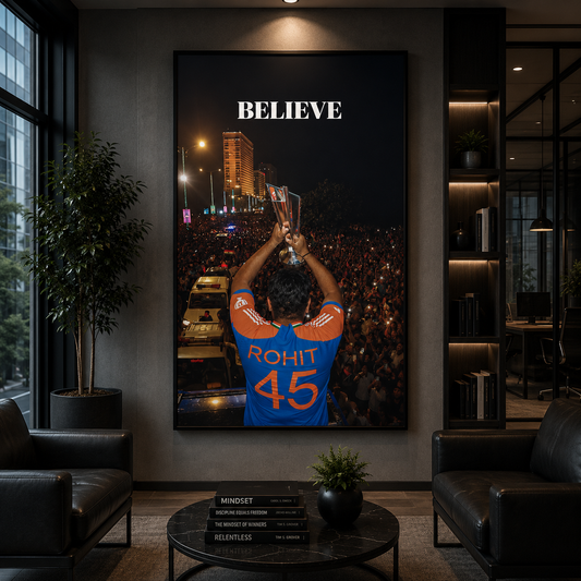 Rohit Sharma Believe Motivational Cricket Wall Art Canvas Print