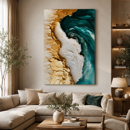 Luxury Ocean Wave Abstract Canvas Wall Art with Gold Accents