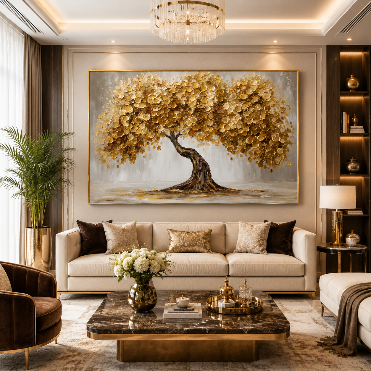 Golden Lucky Wish Tree Canvas Painting for Home Wall Decor