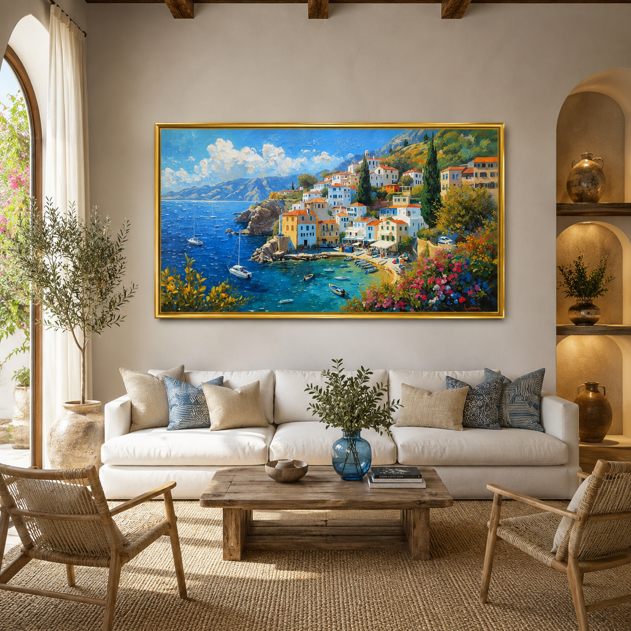 Scenic Coastal Village Canvas Painting for Elegant Home Decor
