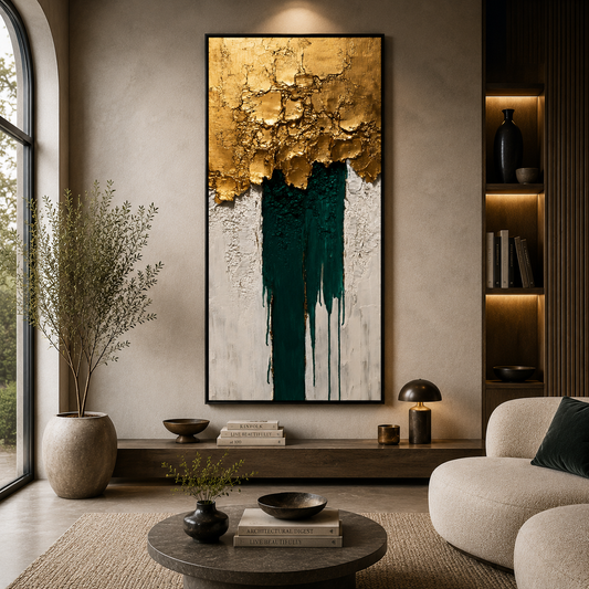 Emerald Cascade Abstract Wall Art – Luxury Gold & Green Canvas Painting