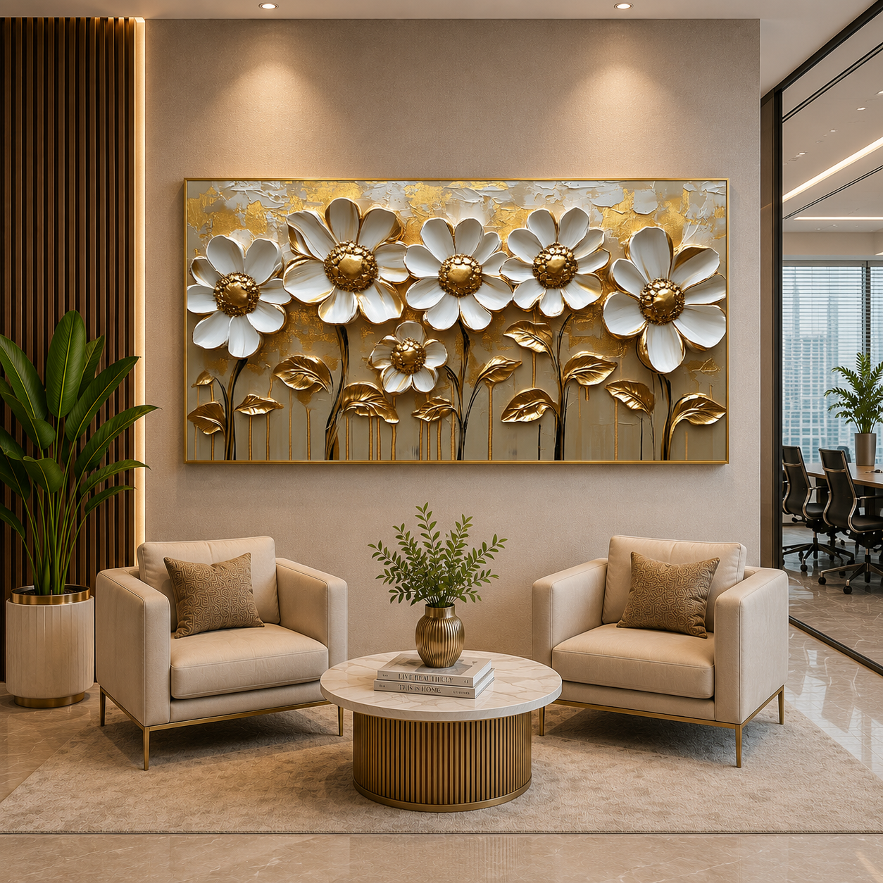 Luxury White & Gold Floral Wall Art Canvas for Elegant Interiors