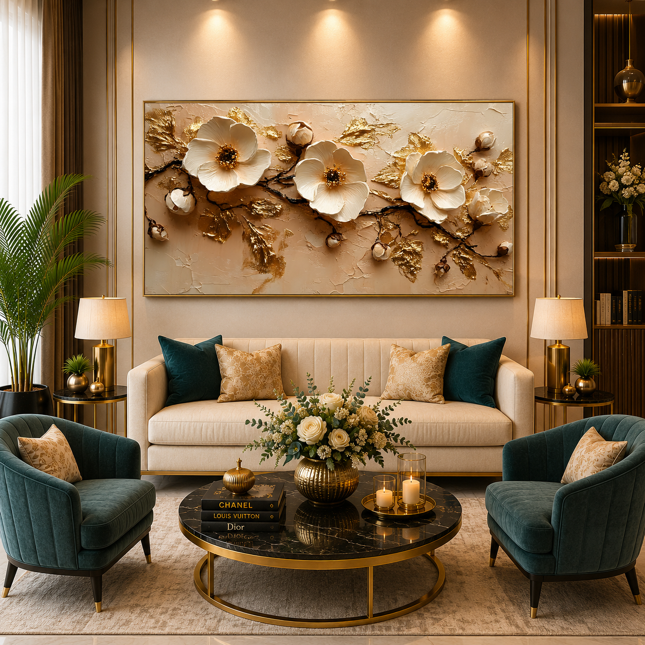 Luxury White & Gold Floral Canvas Wall Art for Elegant Spaces