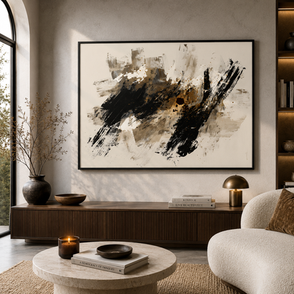Midnight Essence Abstract Wall Art – Modern Black & Gold Canvas Painting