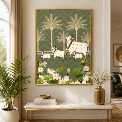 Pastoral Sacred Cow & Lotus Garden Traditional Canvas Wall Art