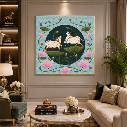 Sacred Cow & Lotus Floral Traditional Canvas Wall Art For Home Decor