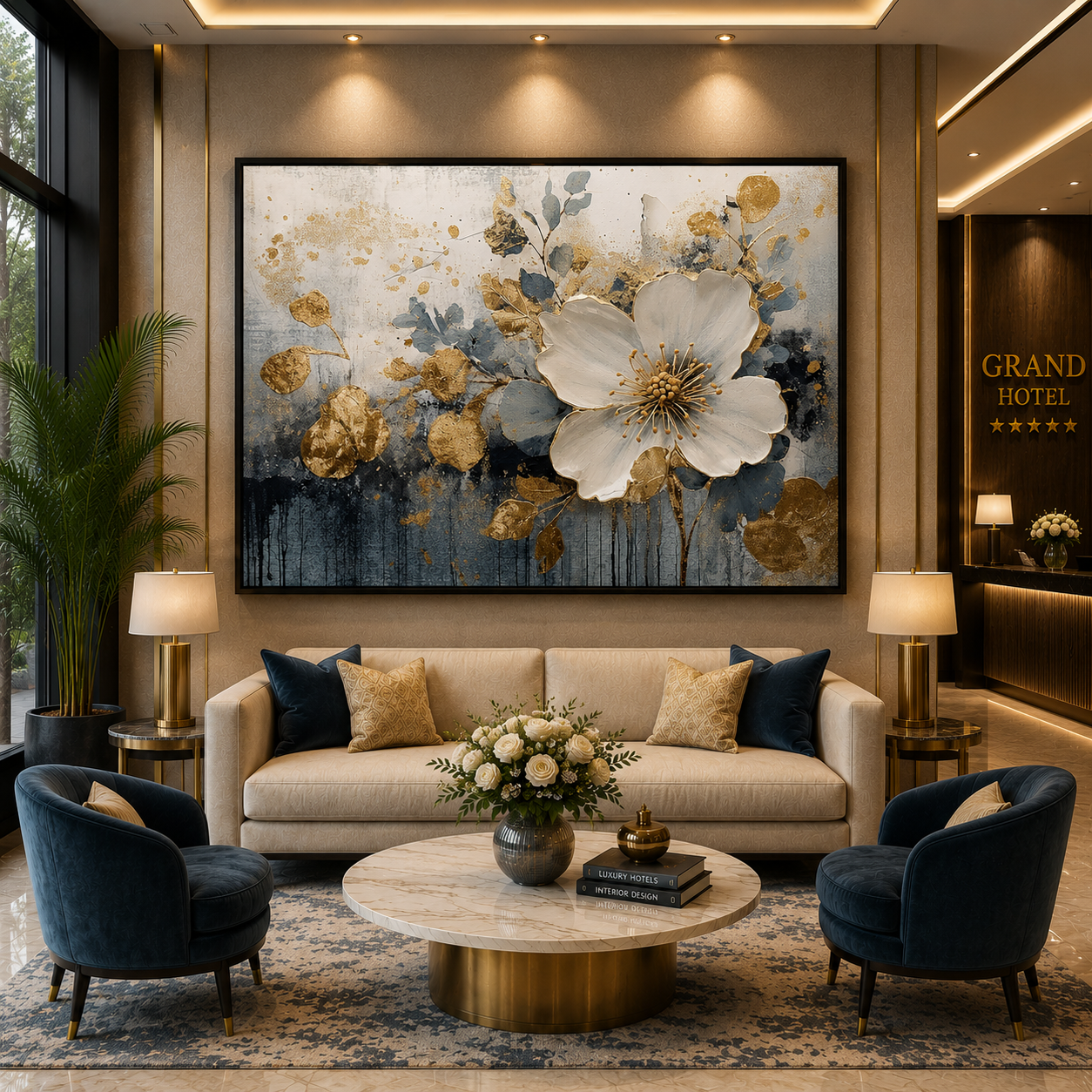 Luxury White Floral Canvas Wall Art with Gold & Blue Accents