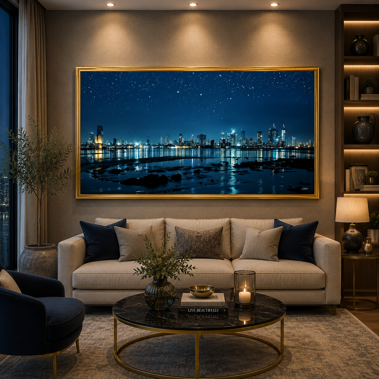 Luxury Night City Skyline Canvas Wall Art with Golden Frame