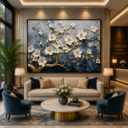 Luxury White Blossom Tree Canvas Wall Art with Gold Accents Decor
