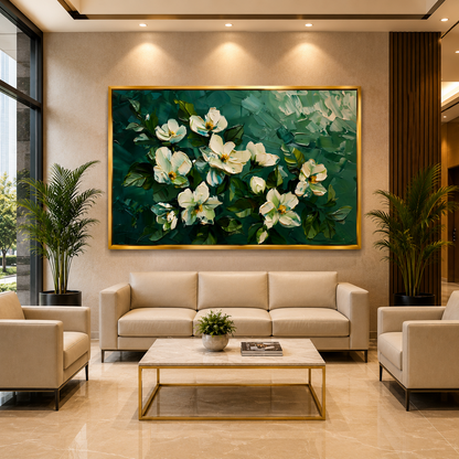 Elegant White Magnolia Floral Canvas Wall Art in Emerald Green Tones