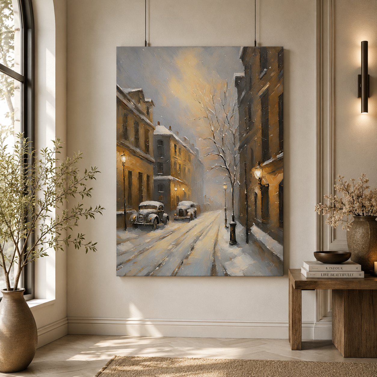 Snowy Vintage Street Canvas Wall Art