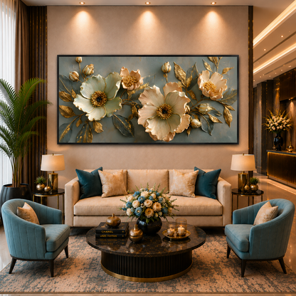 Luxury Blue & Ivory Floral Wall Art Canvas with Gold Accents