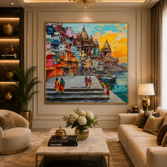 Banaras Ghats Artistic Wall Painting for Modern Home Decor