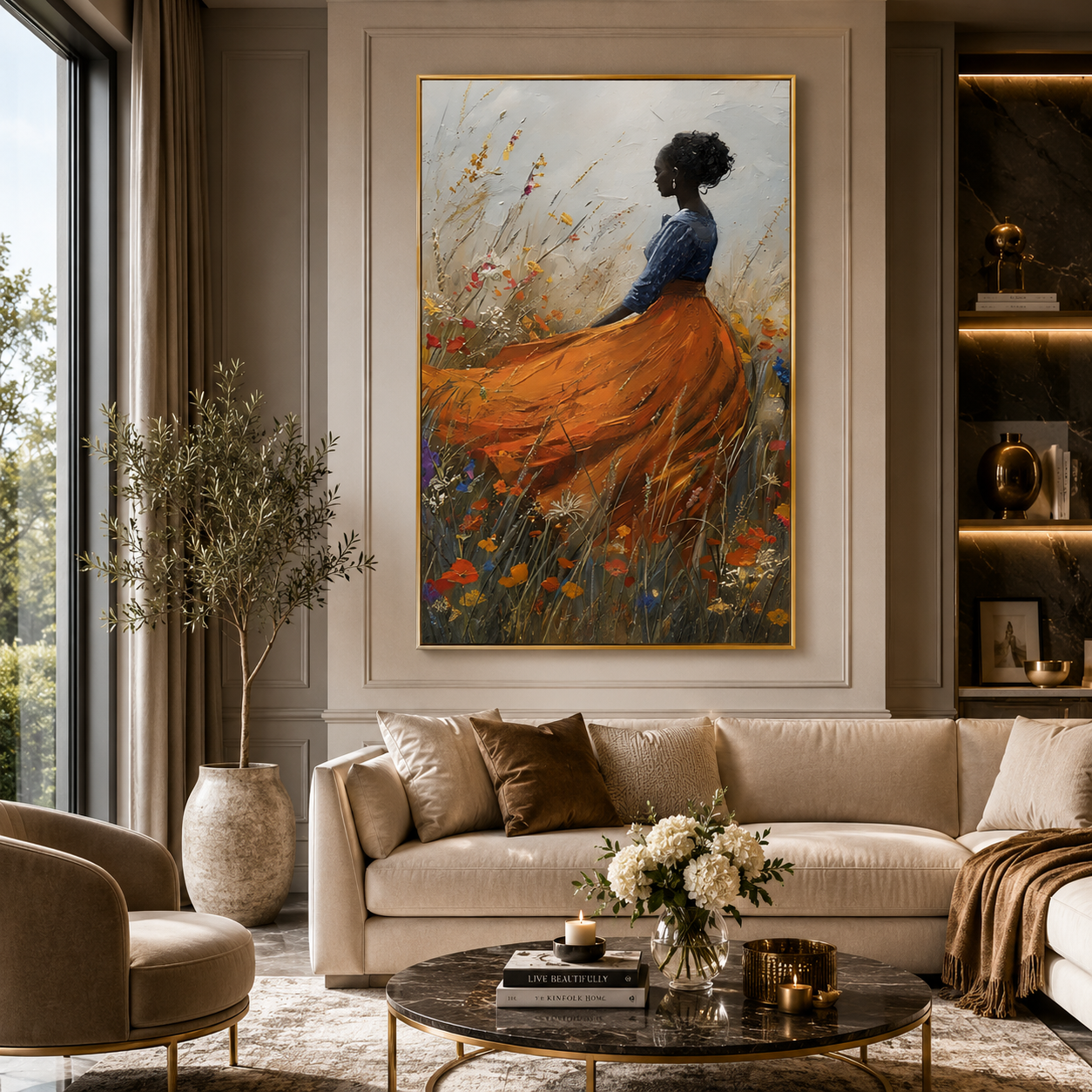 Elegant Woman in Floral Field Canvas Wall Art for Modern Decor