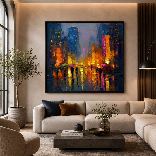Abstract Neon Rain Cityscape Canvas Wall Art