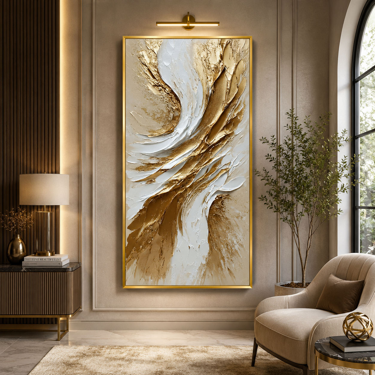 Golden Whisper Abstract Wall Art – Luxury White & Gold Vertical Canvas