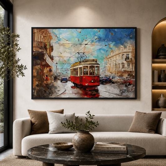 Vintage Red Tram Cityscape Canvas Wall Art Painting
