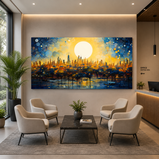 Golden Moon Cityscape Abstract Canvas Wall Art Painting