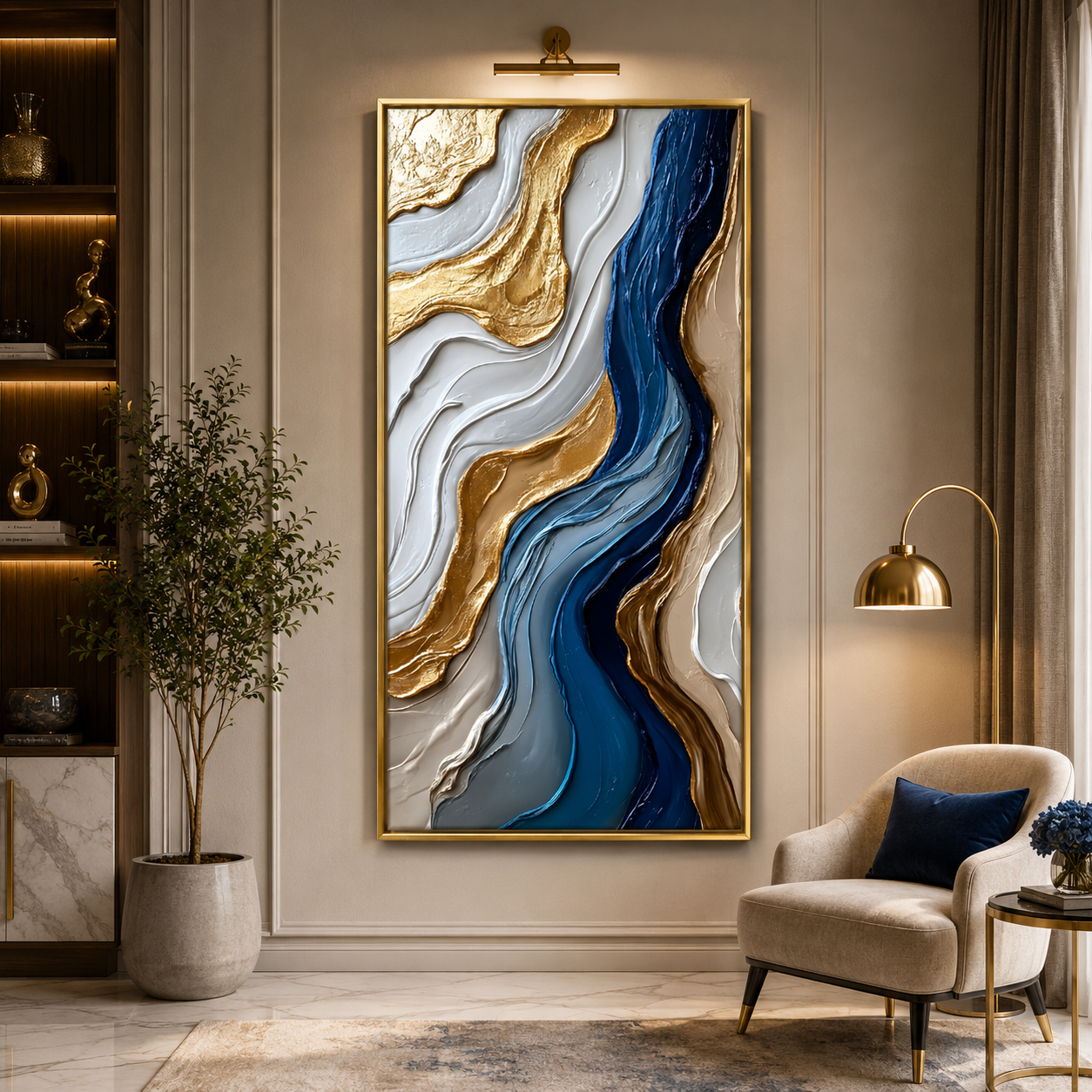 Azure Flow Abstract Wall Art – Luxury Blue & Gold Vertical Canvas