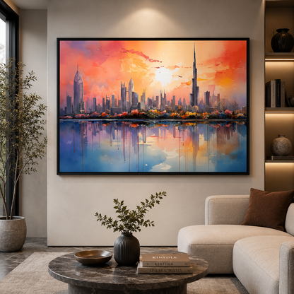 Modern Dubai Skyline Sunset Canvas Wall Art