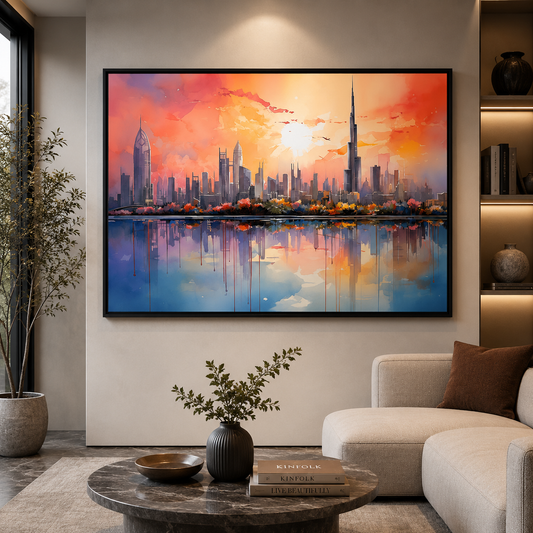 Modern Dubai Skyline Sunset Canvas Wall Art