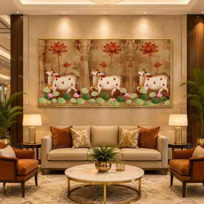 Sacred Cow & Lotus Temple Style Traditional Wall Art