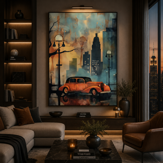 Vintage Red Car Cityscape Canvas Wall Art