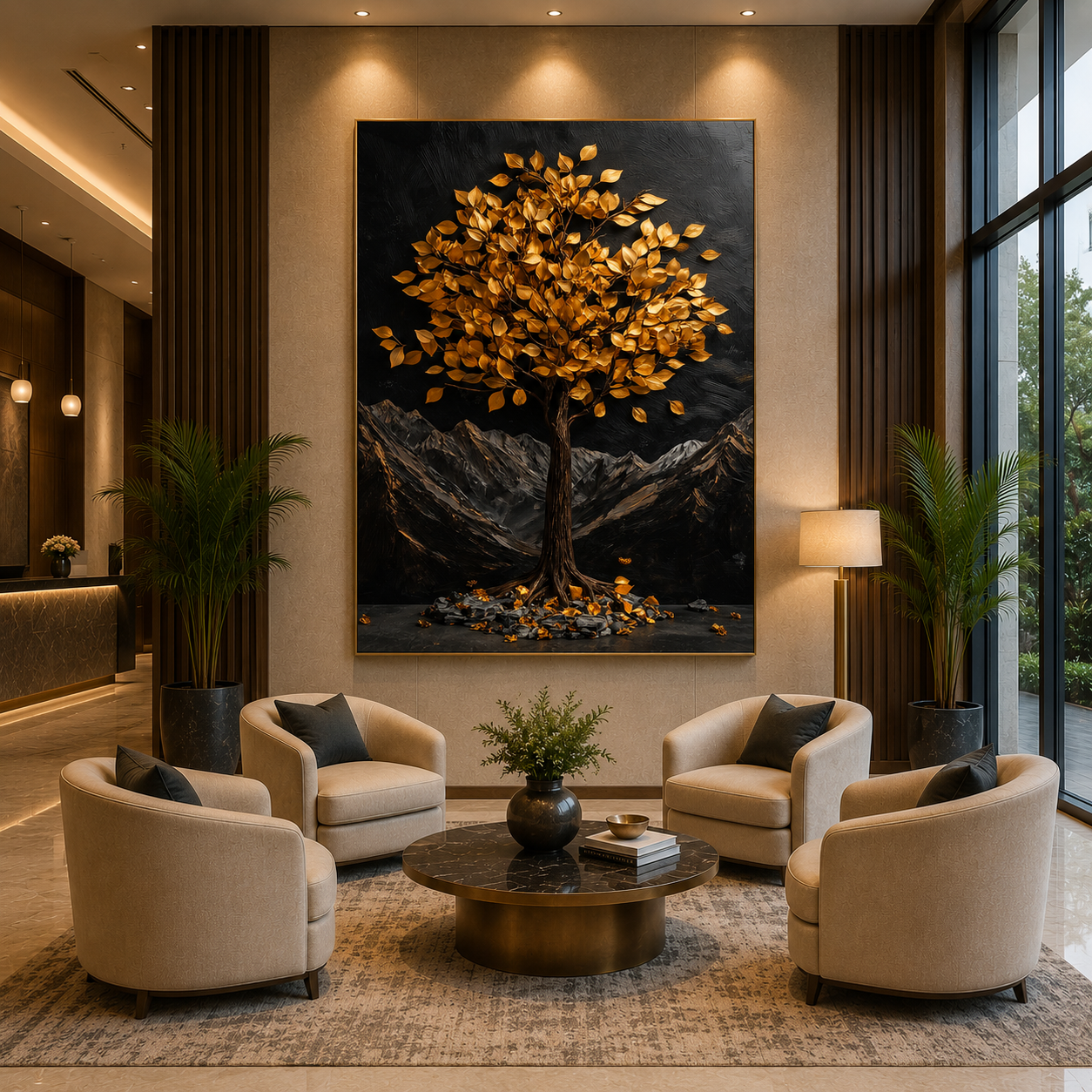 Golden Wish Tree Wall Art Painting for Luxury Home Decor