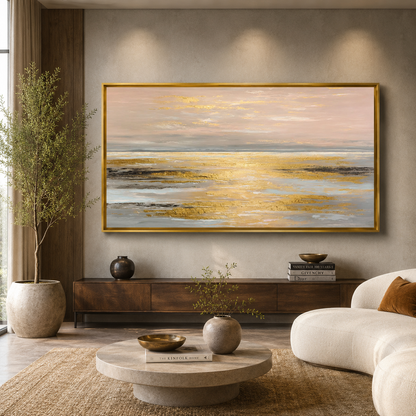 Golden Horizon Abstract Wall Art – Luxury Coastal Landscape Canvas