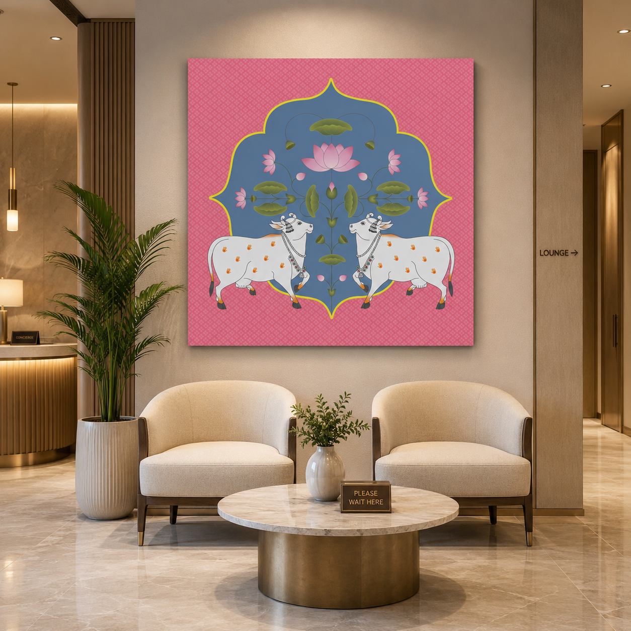 Elegant Pink Lotus & Sacred Cow Symmetrical Wall Art