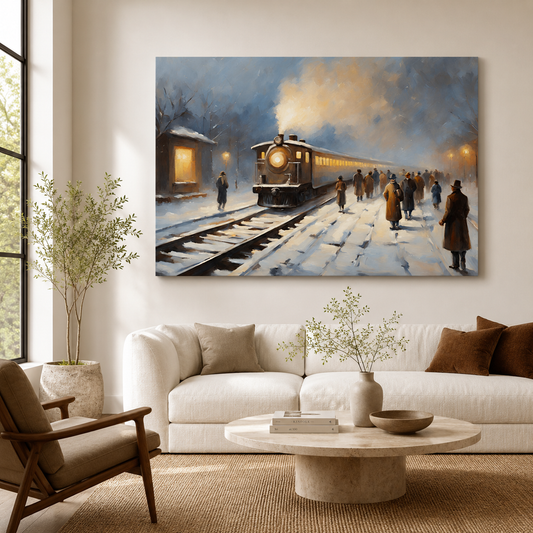 Vintage Winter Train Station Canvas Wall Art
