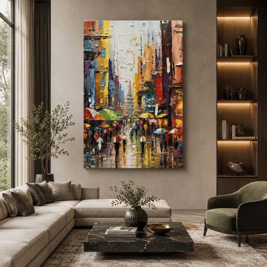 Abstract Rainy City Street Canvas Wall Art