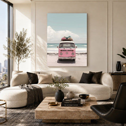 Pink Volkswagen Camper Van Canvas Painting