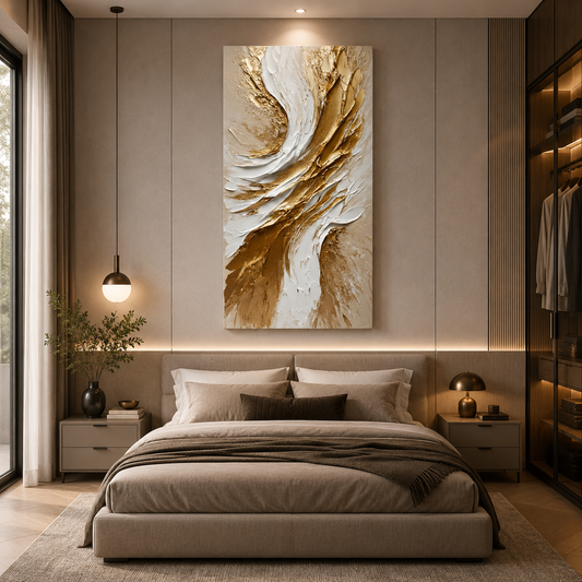 Golden Whisper Abstract Wall Art – Luxury White & Gold Vertical Canvas